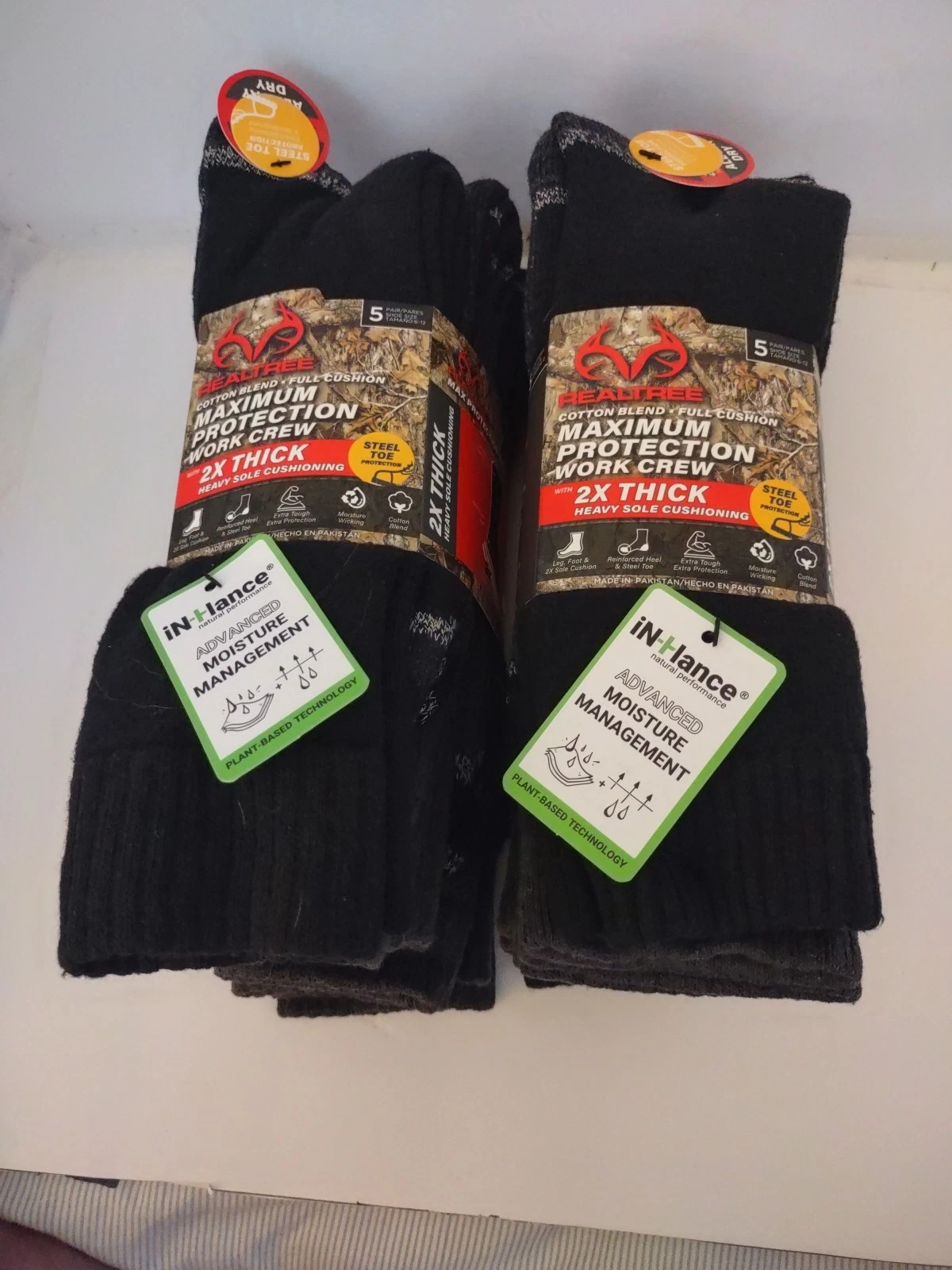 2 Packs of Realtree Work Crew Socks 5 Pack Steel Toe Cushion Moisture Men 6-12