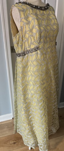 VTG Erlebacher Beaded Ball Gown Dress Sleeveless Yellow Silver Jackie Kennedy L - Picture 3 of 16