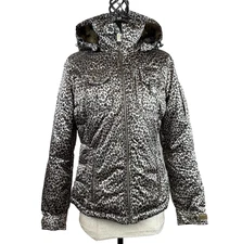 Obermeyer Jacket Womens 8 Brown Leopard Print Puffer Hooded Ski Snowboard Coat