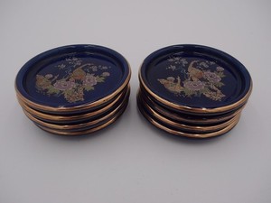 Vintage Interpur Taiwan Gold & Cobalt Blue Peacock / Floral Coasters Set of 8