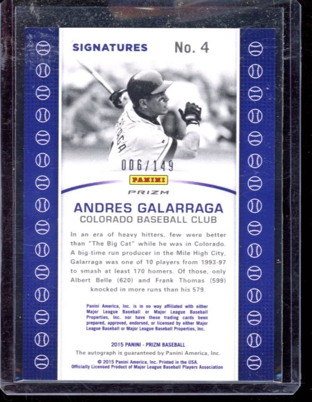2015 PRIZM ANDRES GALARAGGA BASEBALL SIGNATURES CAMO AUTO /149 QTY - Image 2 of 2