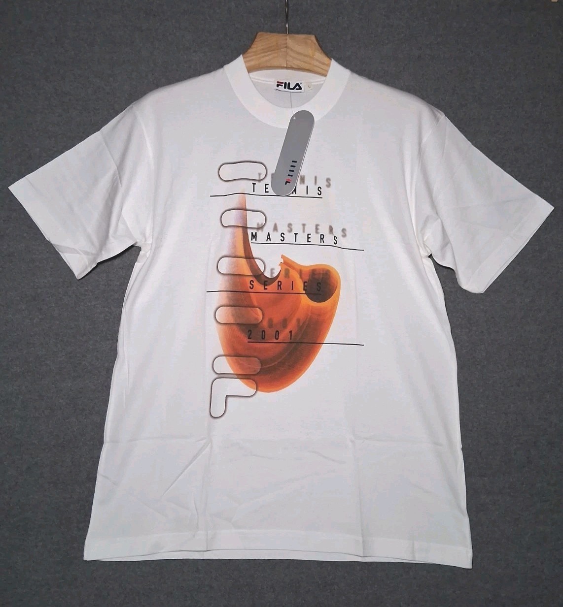 T Shirt Vintage FILA Nuova Vecchia Stock Tennis Masters Serie 2001 Bianca Grafica L