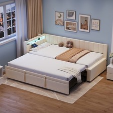 Daybed with Pull Out Trundle, 3ft Upholstered Single Bed Frame with LED, Beige