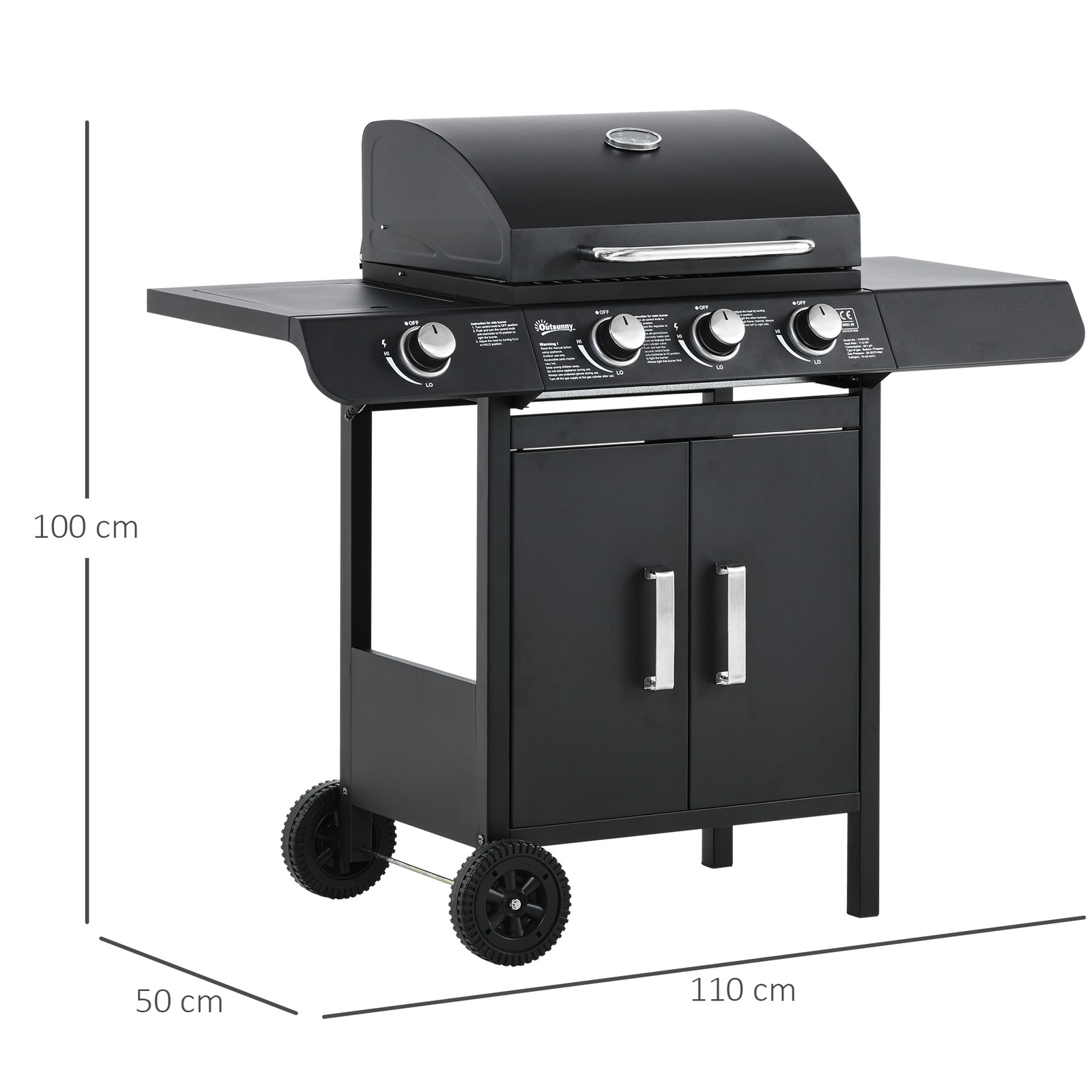 Gasgrill BBQ Grillwagen mit 4 Brennern Schrank Multifunktion Metall Schwarz