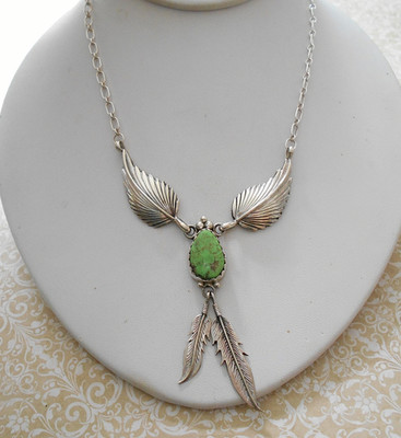 Sterling Silver Signed H Green Turquoise Feathers Pendant Necklace   RE74