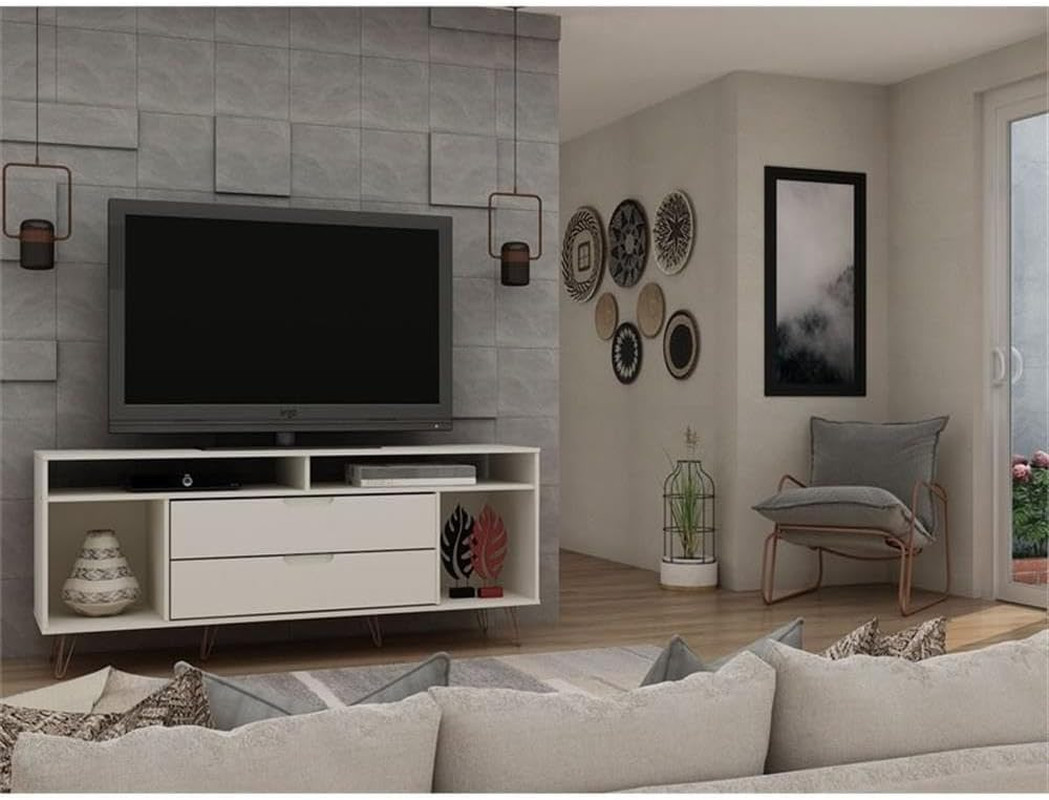 Off White Rockefeller 62.99" TV Stand with Metal Legs & 2 Drawers