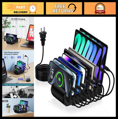 65W 8-Port USB Charging Station Dock for Multiple Devices - Fast Charge for iPho
