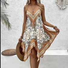 Fairycore Bohemian Patterned Dress in Beige and White Size M