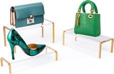 Clear Acrylic Purse Display Stand Set Gold Trim Shoe Handbag Riser 3 Pack