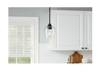 Hampton Bay Pavlen 5.5 in. 1-Light Black Mini Pendant with Clear Glass Shade