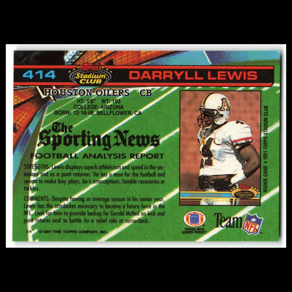Darryll Lewis Rookie #414 1991 Topps Stadium Club Houston Oilers Football Card - Image 2 of 3
