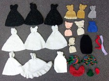 Large Lot Crocheted Vintage Barbie Clothes, 24 Dresses, Skirts, Tops, Hats, ETC