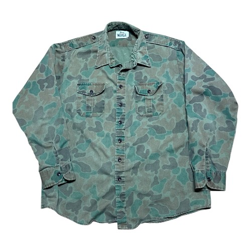 Vtg Woolrich Duck Frog Camo Button Down Green Shirt Cotton Blend made in USA - Picture 1 of 10