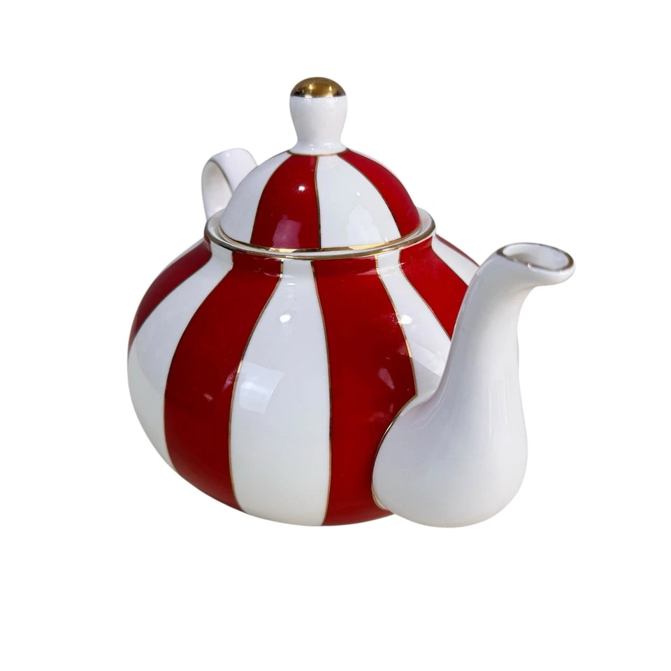 Tetera de porcelana a rayas Bella Lux Holiday Collection rojo blanco dorado Foto 2 de 4