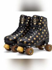 Roller Derby Youth Roller Skates Size 3-6 Black Gold Polka Dot Quad Skates.