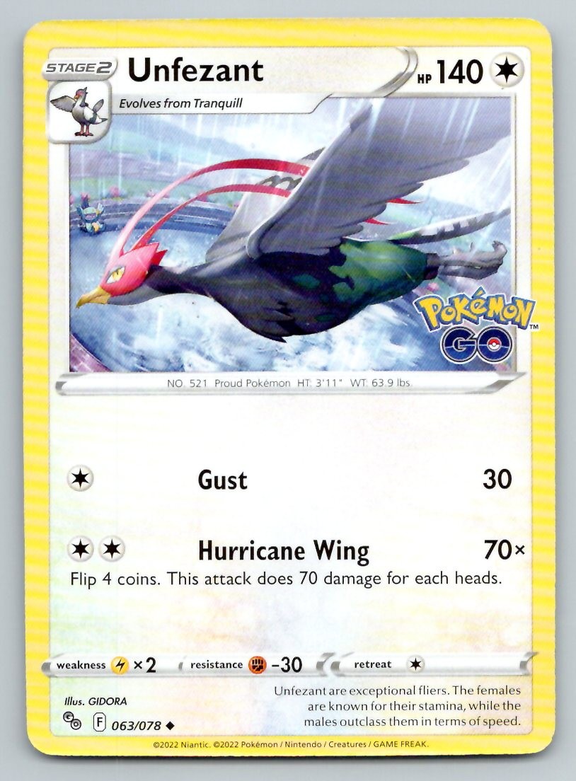 Pokemon Unfezant Pokemon GO PGO UC 063/078 NM