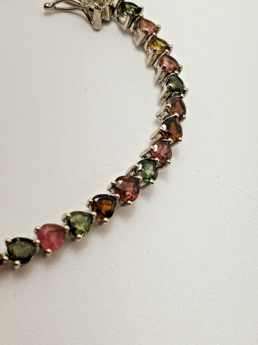 Signed D'Joy 925 Sterling Silver Tennis Bracelet Heart Shape Gemstones 7 1/4" - Foto 6 di 8