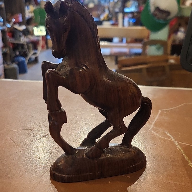 Carved Wooden Rearing Horse Figurine Statue Display Decor on Base