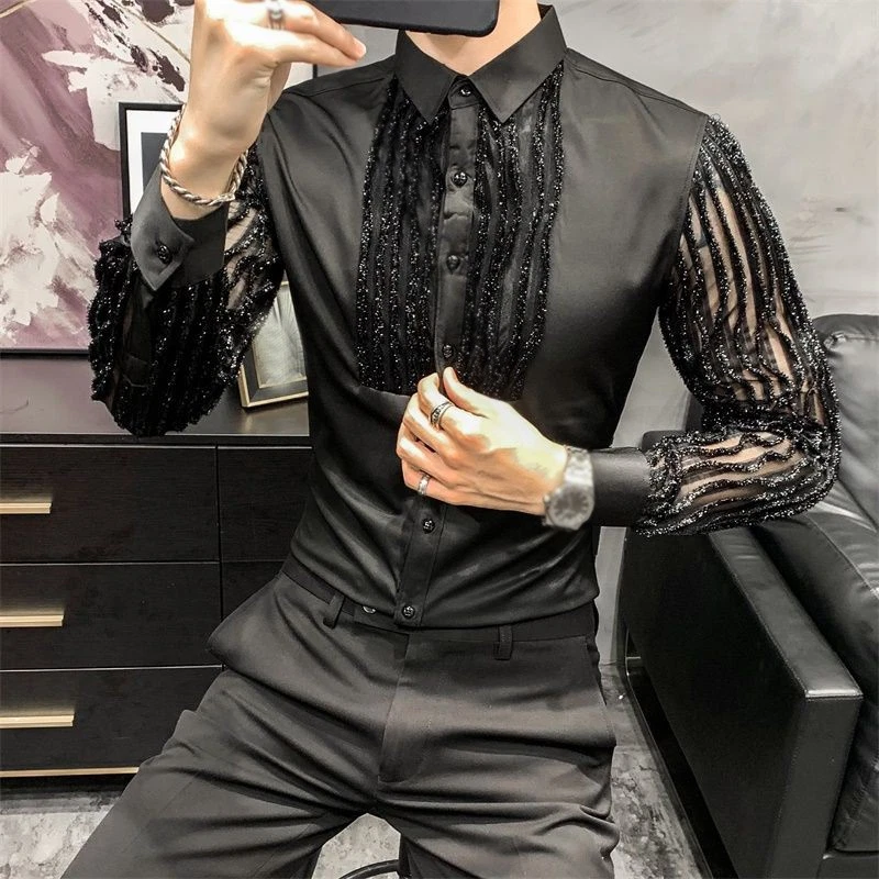 Men's Fashion Lace Korean Slim Fit Shirts Casual Wedding Button Dress Shirts - Image 3 of 4