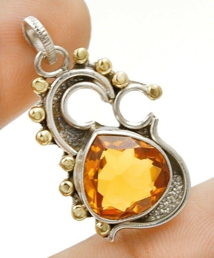 3CT Natural Golden Citrine Two Tone 925 Sterling Silver Pendant @B14-3
