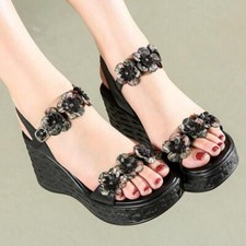 Women Retro Floral Platform Wedge Heels Casual Peep Toe Fashion Sandals Shoes