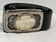 Vtg Large Set Stone Belt Buckle And Leather Belt GUC 35  -39  Boho Hippie Western