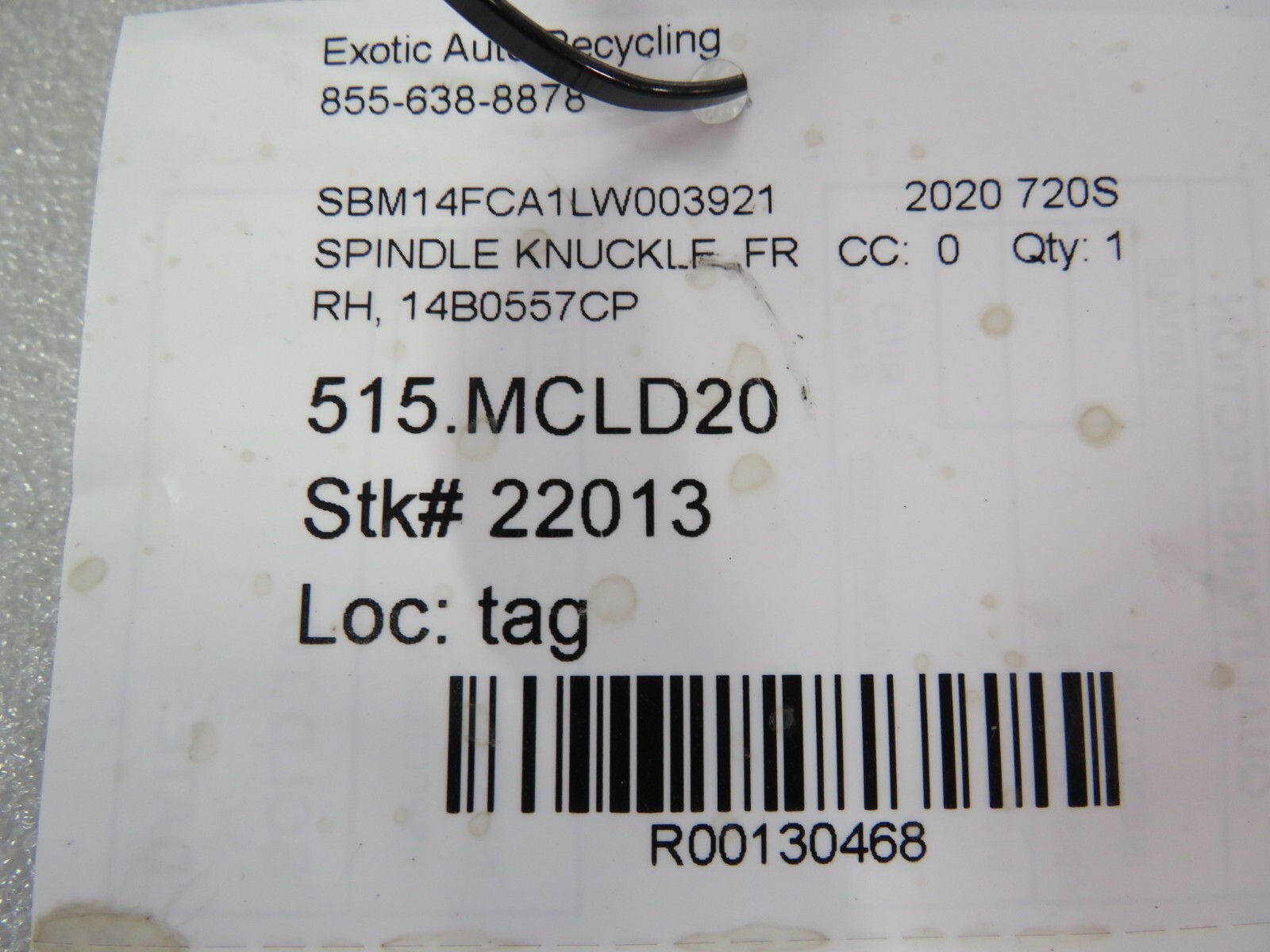 McLaren 720S, RH, Right, Front Spindle Knuckle, Used, P/N 14B0557CP