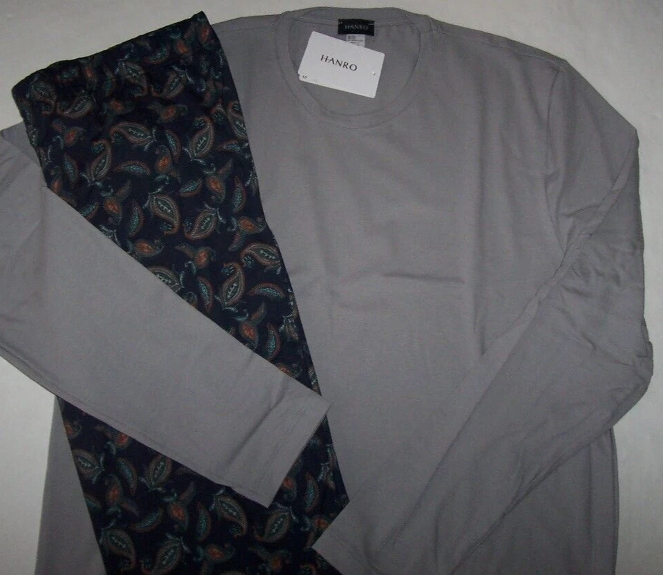 Nuevo con etiquetas Juego de pijama tejido algodón noche y día floral azul marino gris Hanro XL Foto 4 de 4