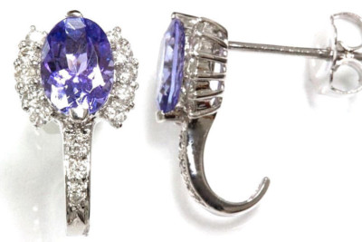 J-Ohrringe 2 kt natürlicher blau-violetter Tansanit & Diamant massiv 14 kt Weißgold