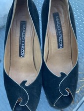Vintage Maud Frizon Paris Black Suede Gold Trim Scalloped Heels Size 7.5