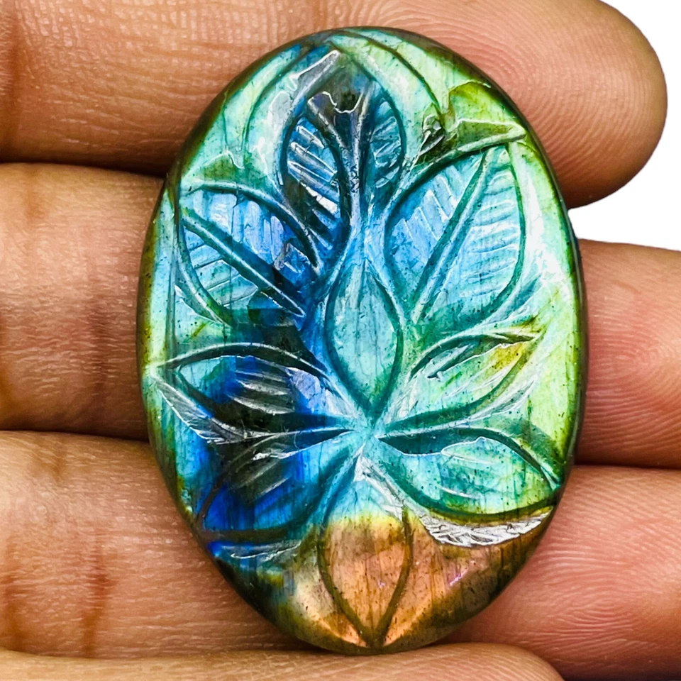 55.00 Cts Natural Carved Labradorit​e 38x27mm Oval Flashy Pendant Size Gemstone - image 2 of 4