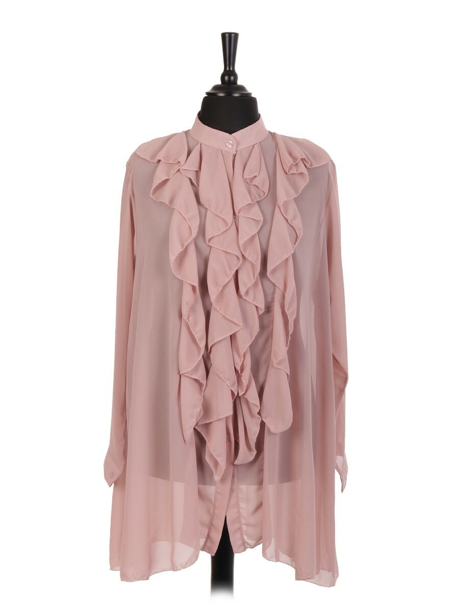 Nuevo Mujeres Liso Italiano Volantes Cuello Manga Larga Botón Top Camisa Vestido