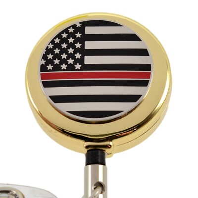 Thin Red Line Firefighter Badge Reel ID Security Pass Holder Subdued Flag Gold