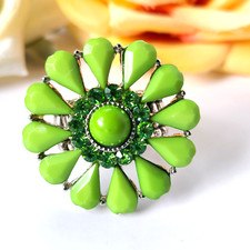 Chunky Flower Rhinestone Stretch Ring Size 7 One Size Silver-Tone Green Floral
