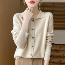 Women's 100 Wool Cashmere Lapel Neck Button Knit Cardigan Sweater Jacket