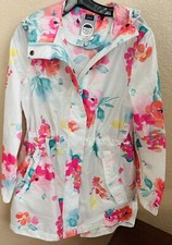 EUC Joules White Floral Golightly Packable Hooded Rain Coat Size 4