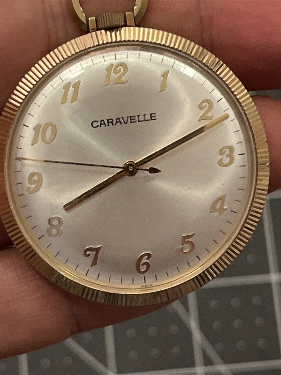 Vtg Caravelle Gold Plated Manual Wind Open Face Pocket Watch With