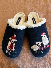 Lands End Felt Scuff Slippers Sheep In Scarves Faux Sherpa Fur Holidays 10