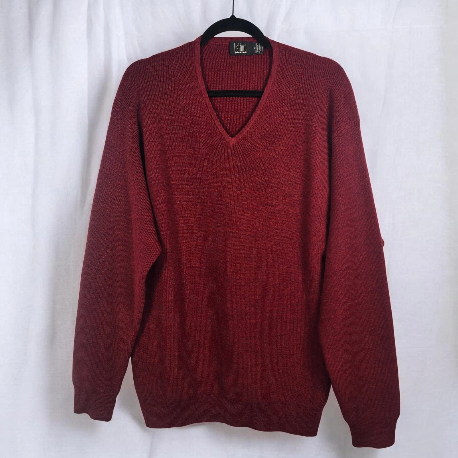 VTG Belford Sweater Men Extra Large Burgundy 100% Extra Fine Merino Wool V Neck