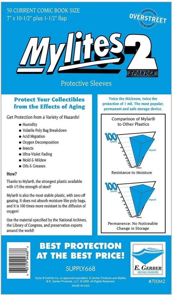 50 - E. Gerber Mylites 2 Mylar Current Modern Age Comic Bags 700M2 7” X 10 1/2"