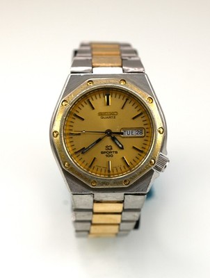 Seiko Watch Men SQ Sports 100 Vintage Silver Gold Stainless St WR