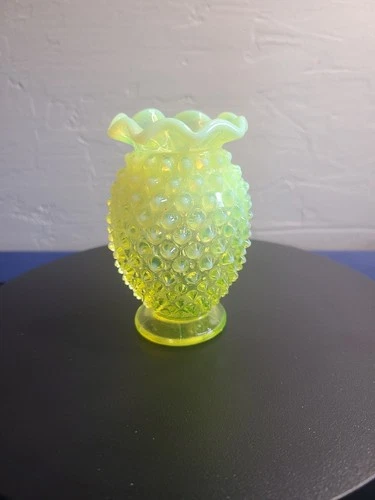 Fenton Hobnail Topaz Opalescent Crimped Mini Vase Uranium Vaseline Glass