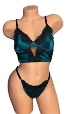 2PC Teal Shiny Slippery Satin String Bikini Panties Bustier L NWOT