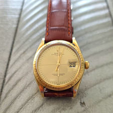 Rolex Oyster Perpetual Date Men's Automatic Gold Dial Case Brown Leather