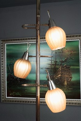 Mid Century Modern Light Amber Glass Shade Tension Pole Floor Lamp