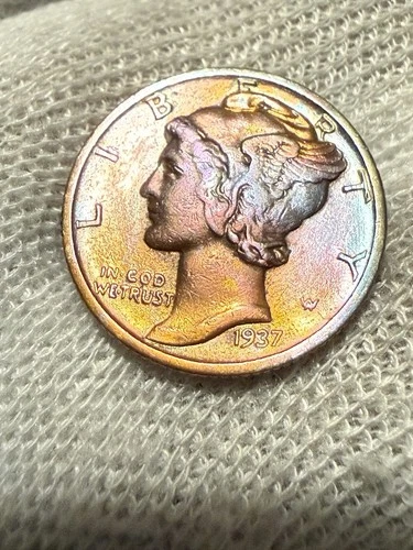 1937 S Mercury Dime XF/AU : Rainbow Tone, Lower Mintage 9.7M - .9 Fine Silver