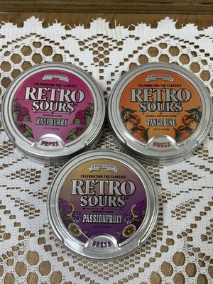  Retro Sours RASPBERRY , TANGERINE , PASSION FRUIT New Sealed 3 Tins BB 08/2027