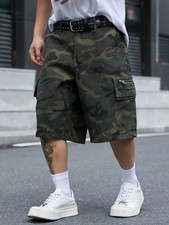 Mens Y2K Camouflage Loose Cargo Shorts Zip Pocket Streetwear Knee Length