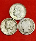 3-90% SILVER DIMES SET-1903 Barber-1964 P Roosevelt & 1944-D Mercury G/VG #202