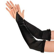Black Satin Ruffle Trim Dark Angel Gloves Halloween Costume Accessory 2569
